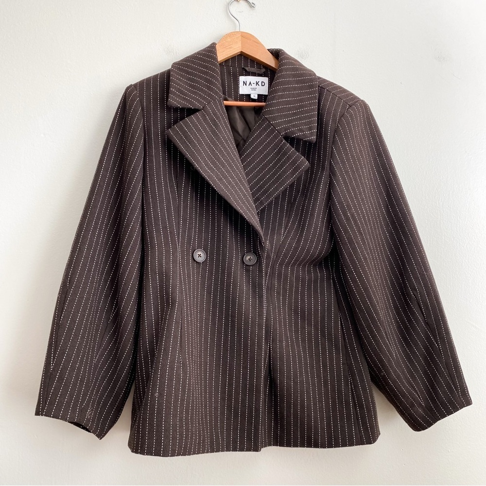 NA-KD Brown Wool Pinstripe Blazer Barrel Old Money Quiet Luxury 90s Retro Fall 6 - Picture 8 of 12